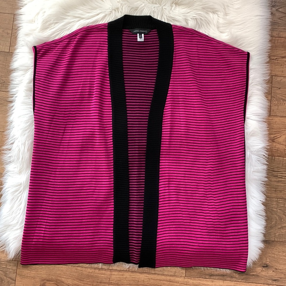 Ming Wang Pink Black Stripe Short Sleeve Open Front Cardigan Sweater Large